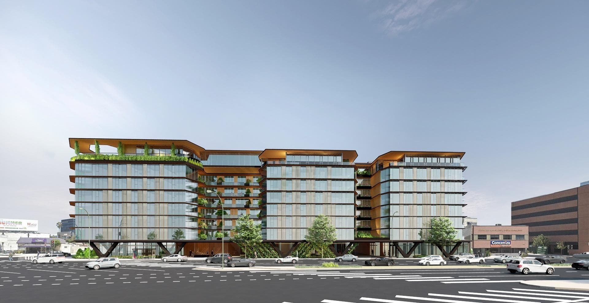 Rendering of the mixed-use project rising at 400 S. San Vicente Blvd.