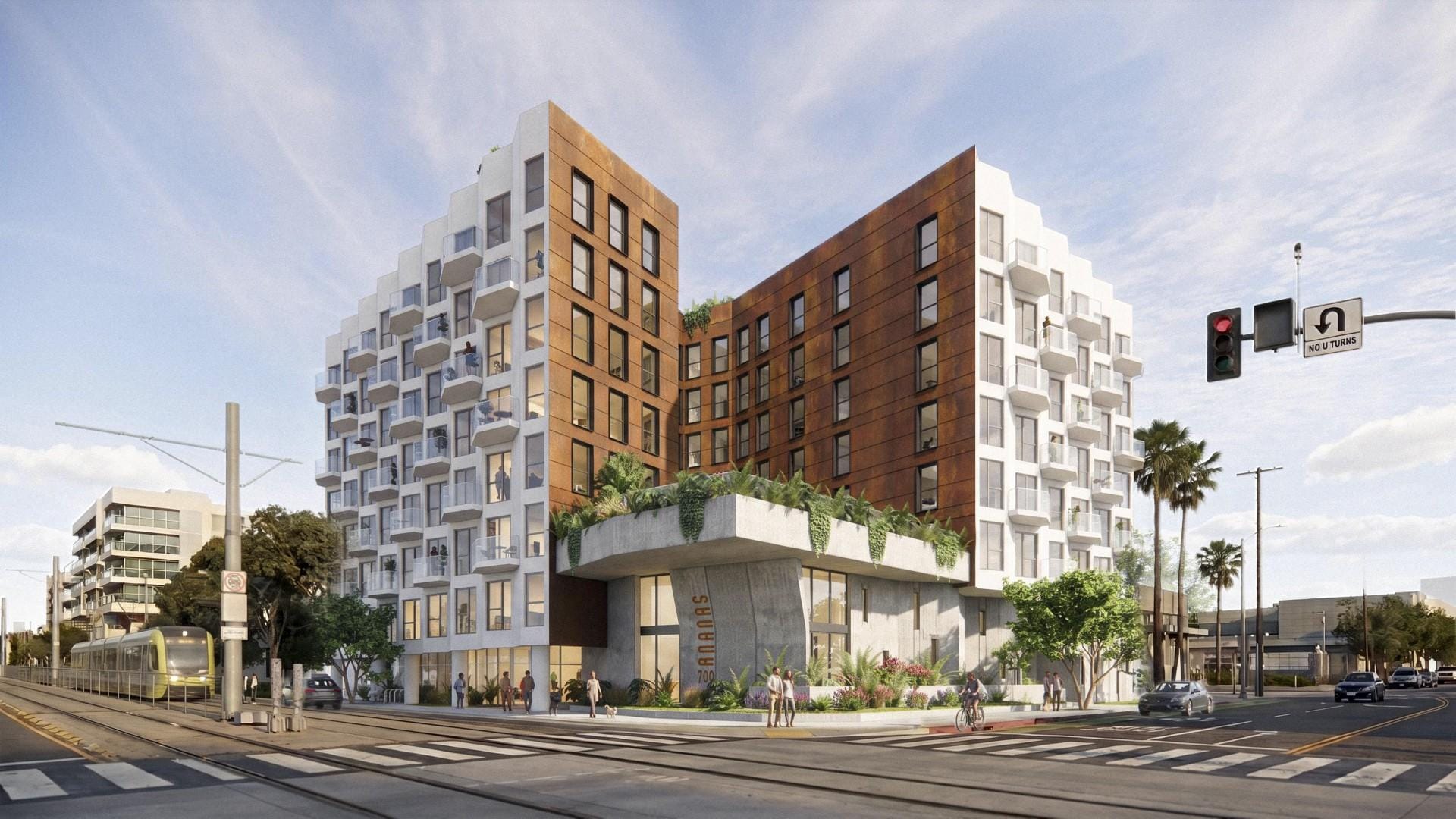 Rendering of the proposed eight-story residential building at 700 Colorado Avenue in Santa Monica.