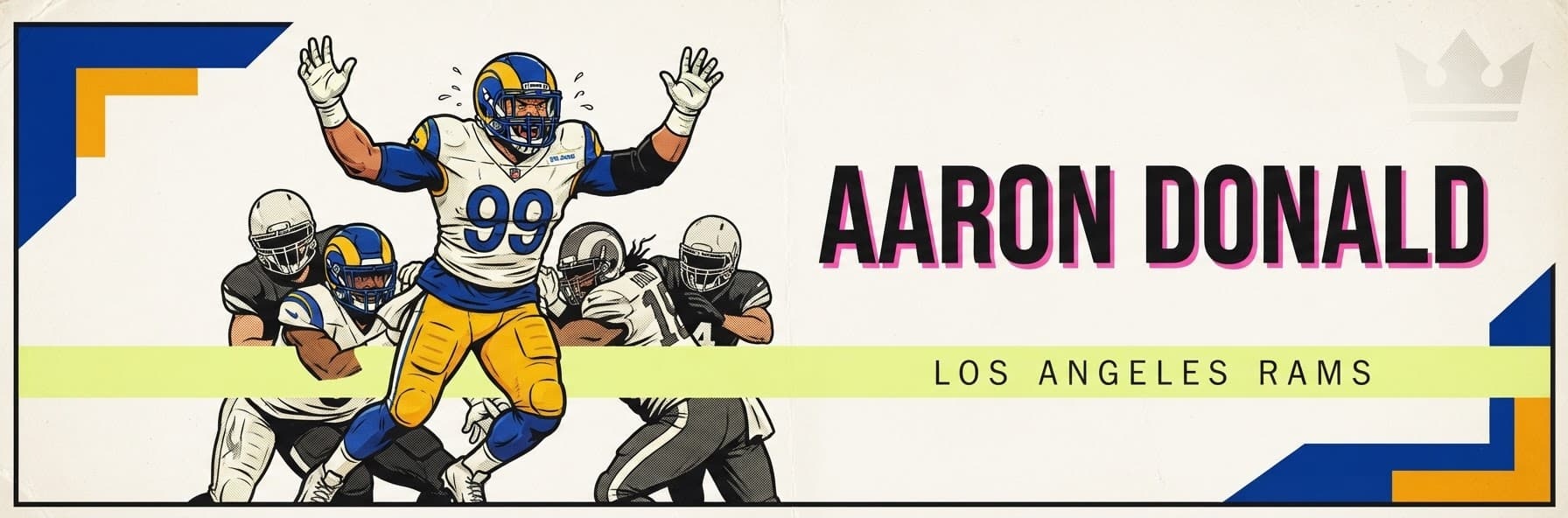 Aaron Donald featured in a CurationsLA Rams sports graphic.