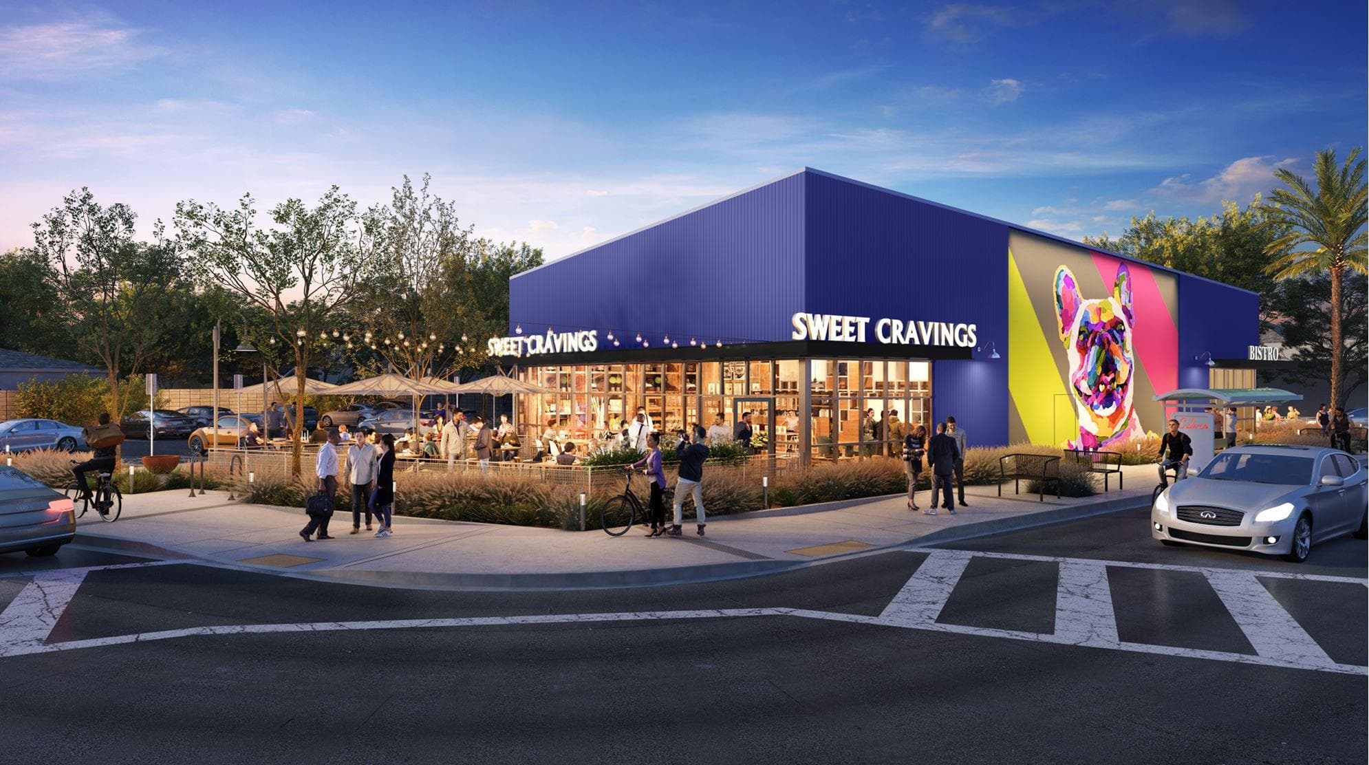 Developer rendering of a retail and restaurant building at Washington Boulevard and Centinela Avenue in Culver City, with patio seating at dusk.