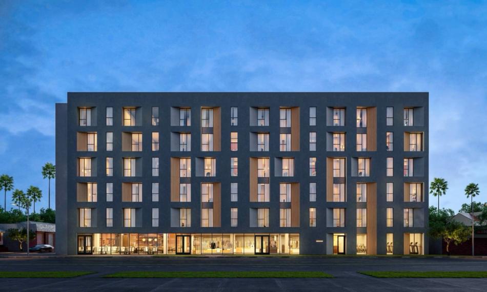 Rendering of the 187-unit affordable housing project at 7715 South Crenshaw Boulevard in Hyde Park