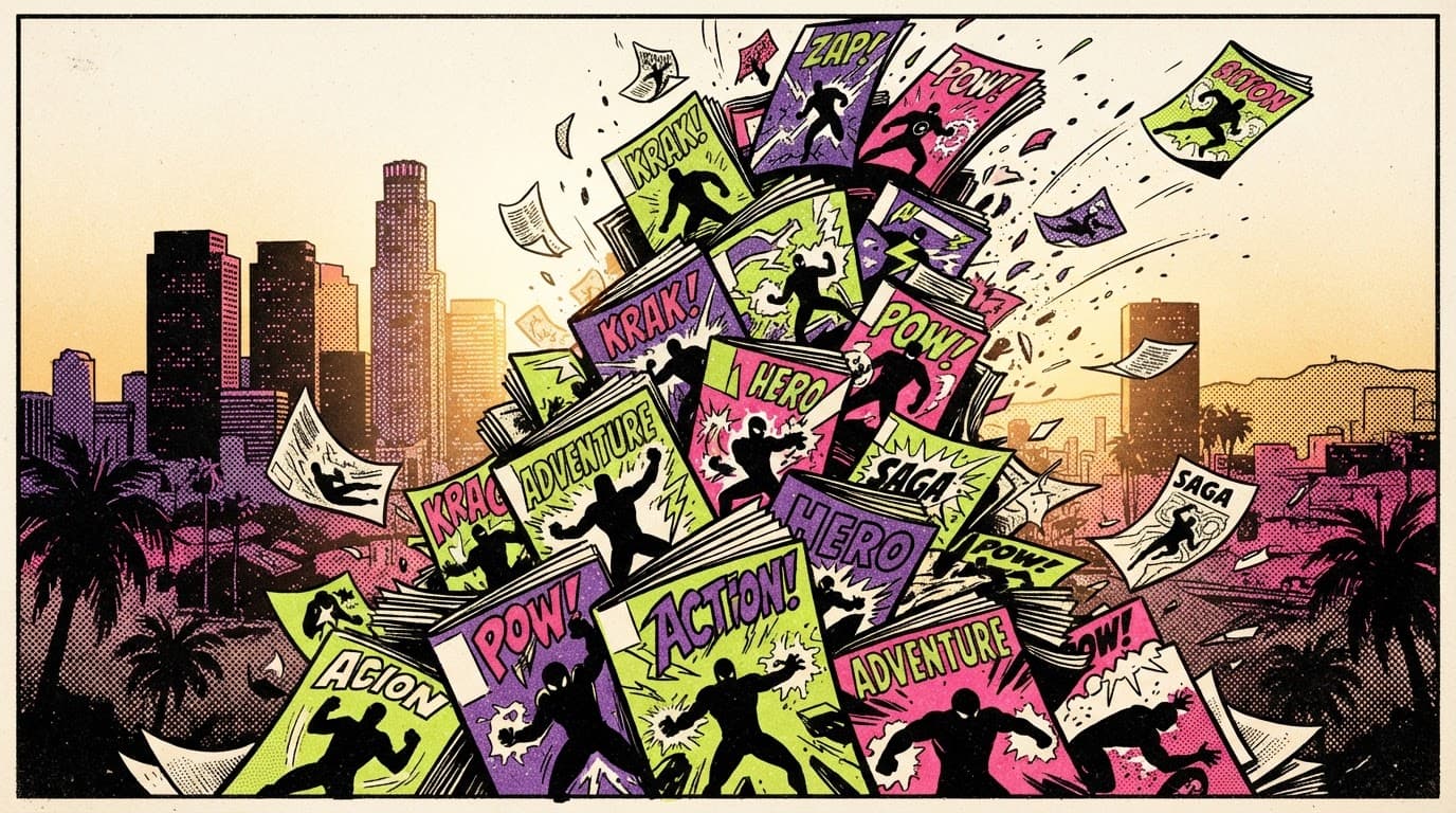 Comic book style graphic announcing Marvel Comics' relocation to Burbank.